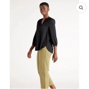 Quince Washable Silk V-Neck Button-Down 3/4 Sleeve Pleated Back Dress, Size S